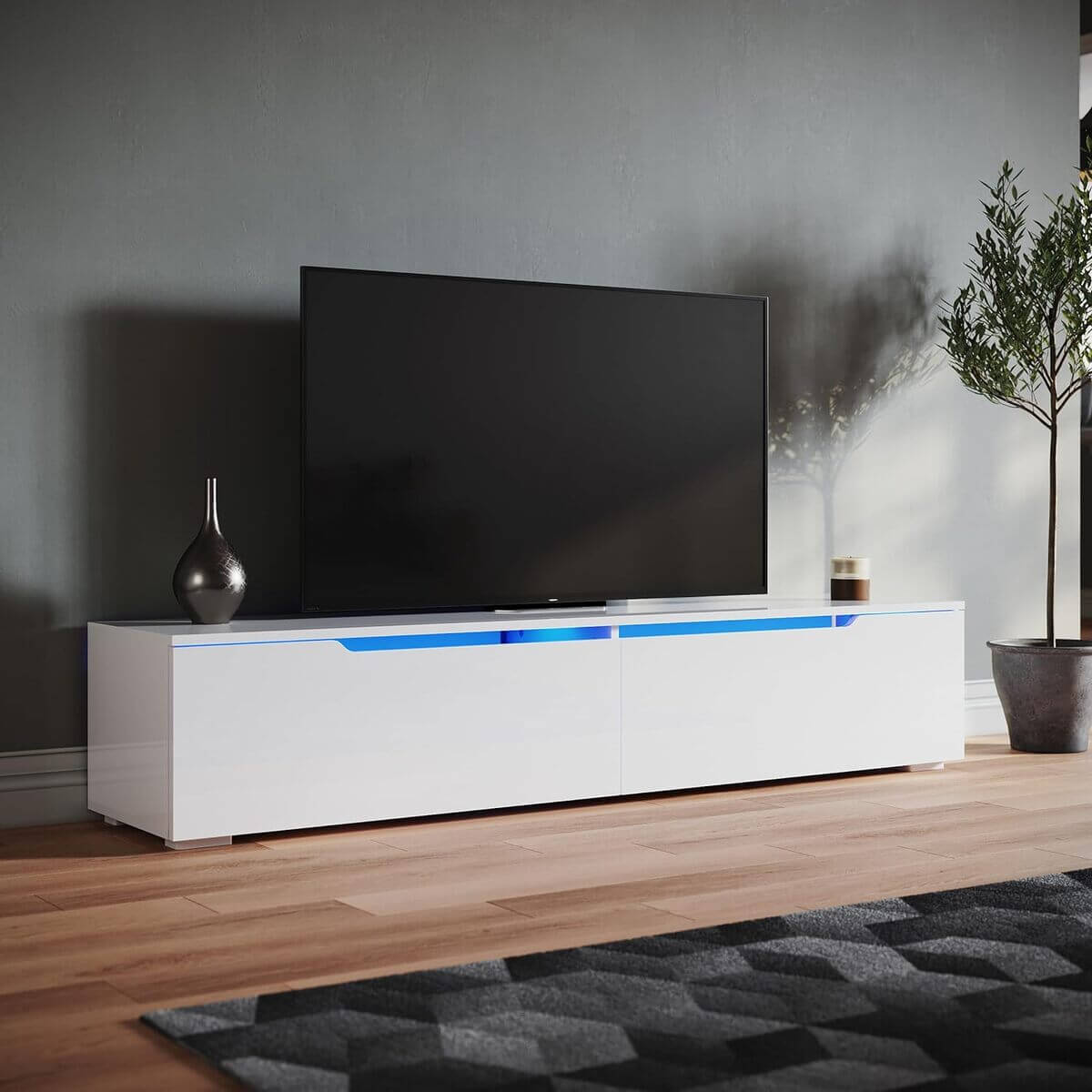 SONNI Mueble TV con Luz LED Regulables de 12 Colores,Mueble de Salón Blanco 160/180x35x30cm