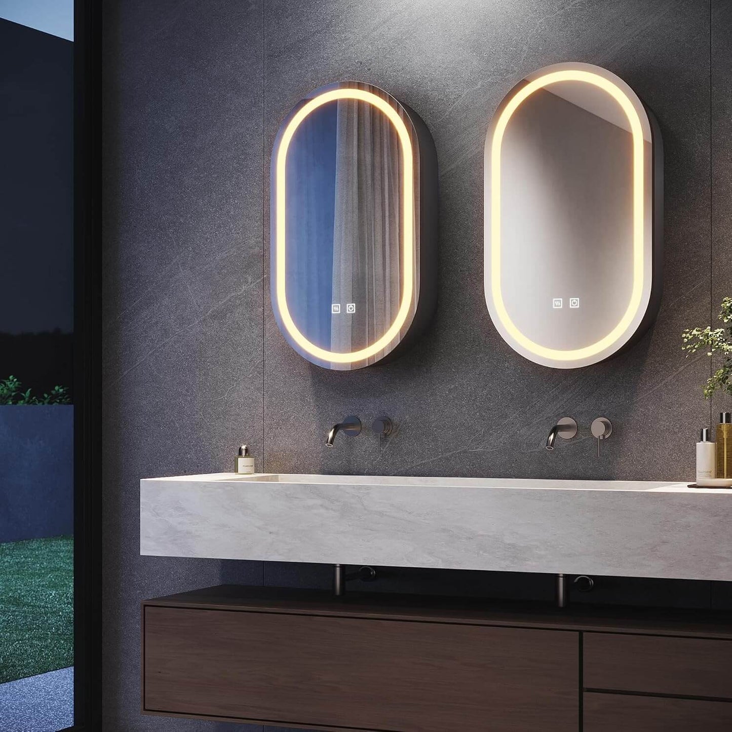 SONNI Armario con espejo para baño con iluminación y enchufe, armario con espejo LED con interruptor táctil, regulable, 3 colores de luz ajustables, sin vaho, ovalado, 40 x 70 cm, negro mate