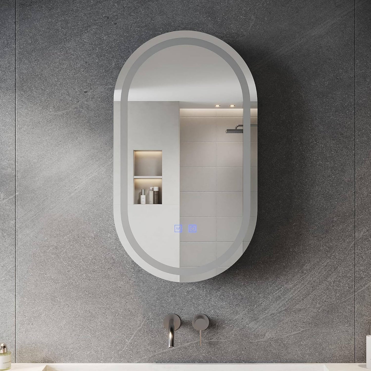 SONNI Armario con espejo para baño con iluminación y enchufe, armario con espejo LED con interruptor táctil, regulable, 3 colores de luz ajustables, sin vaho, ovalado, 40 x 70 cm, negro mate