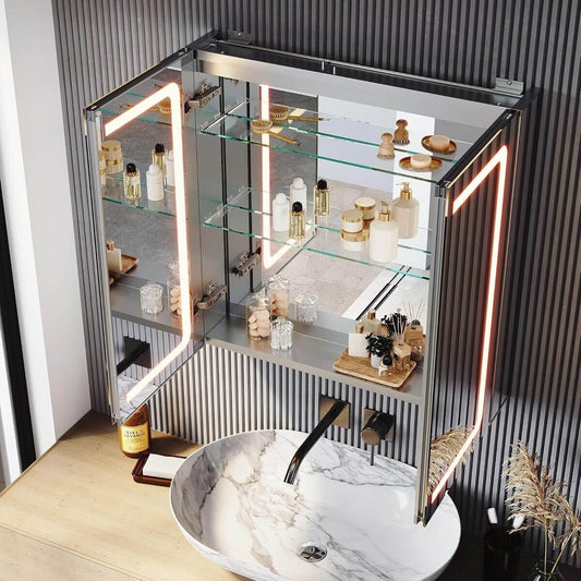 SONNI Armario Espejo Baño con Luz 65 x 65 cm Bisagra Conductora Antivaho,Interruptor Táctil,2 Puertas,Espejo de Baño con Armario y LED,Aluminio y Enchufe para Afeitadora