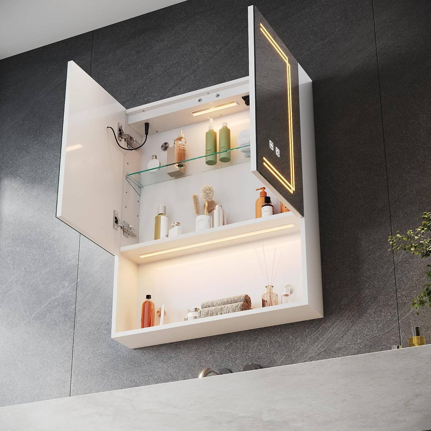 SONNI Armario con espejo con iluminación, 3 colores de luz ajustables y antivaho, 2 puertas, con zona de desarrollo y enchufe, 60 x 75 cm, color blanco