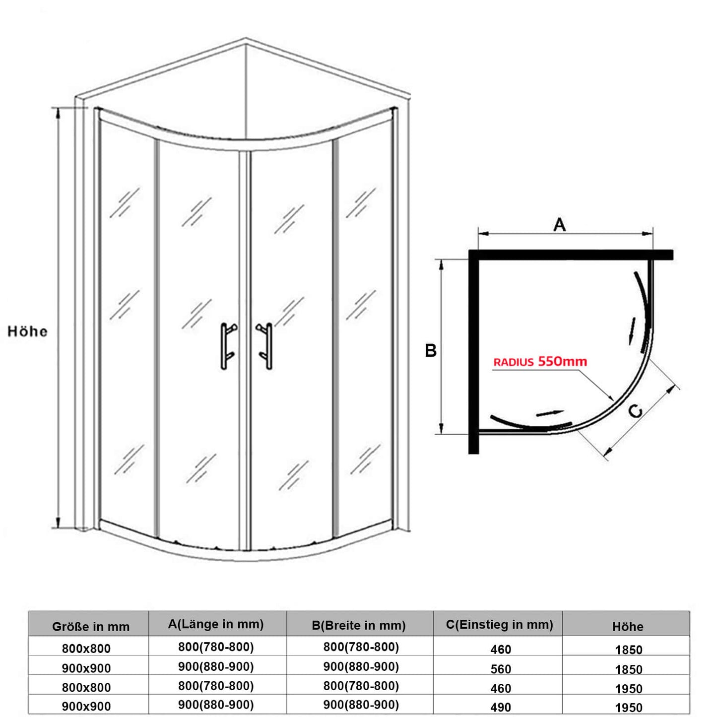 SONNI Cabina de ducha redonda de entrada esquinera, puerta corredera, ducha de cuarto de círculo