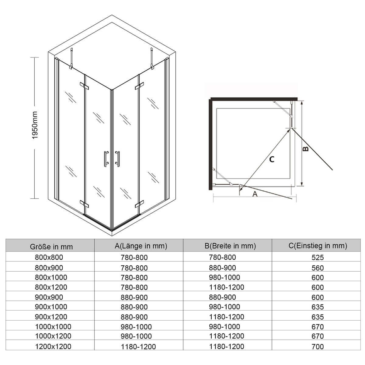 SONNI Cabina de ducha con bisagras, entrada esquina, mampara de ducha con barra sin marcosin plato de ducha