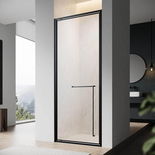 SONNI Puerta de ducha articulada con bisagra para ducha, cristal templado negro de 6 mm, con cristal lateral, barra de protección contra el agua, atracción magnética