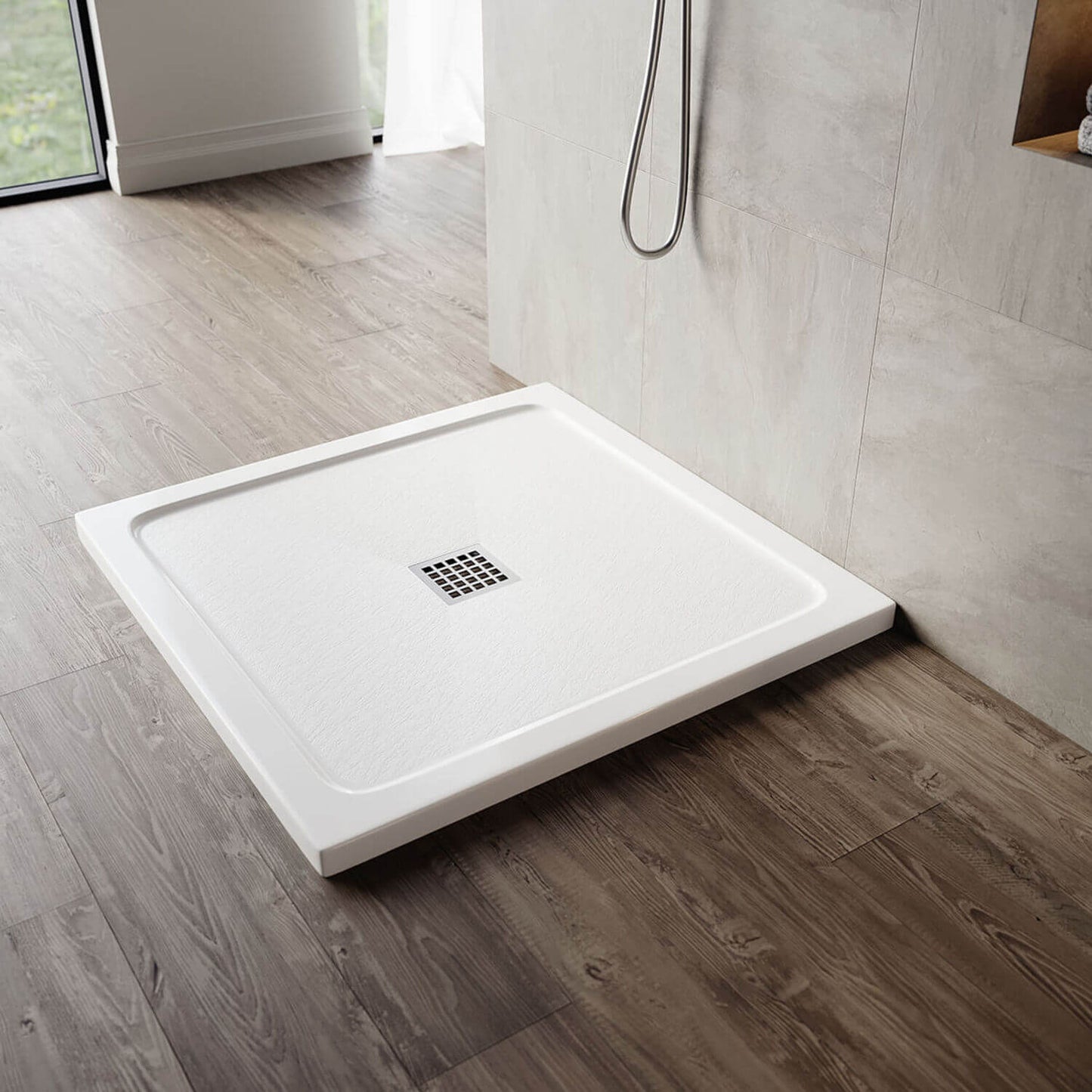 SONNI Plato de ducha cuadrado de con diseño plano, plato de ducha antideslizante, material SMC, drenaje central, incluye desagüe
