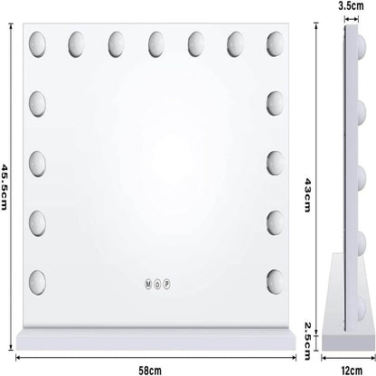 SONNI Espejo Maquillaje con Luz - Espejo Tocador 15 Bombillas LED,Dimmables 3 Colores de Luz,Control Táctil,Espejo con Luz para Maquillaje,58 x 46 cm