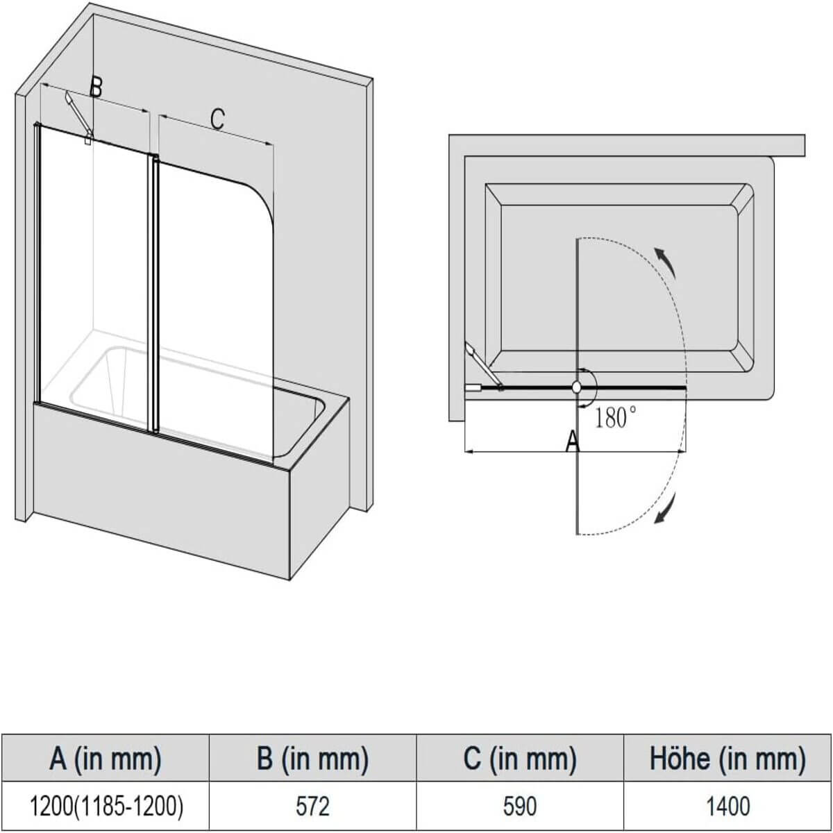 SONNI Mampara Bañera Plegable 120 x 140 cm Cristal Templado 6mm Mamparas de Bañera Abatible 2 Hojas con Barra Estabilizadora y Perfil Aluminio