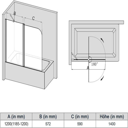 SONNI Mampara Bañera Plegable 120 x 140 cm Cristal Templado 6mm Mamparas de Bañera Abatible 2 Hojas con Barra Estabilizadora y Perfil Aluminio