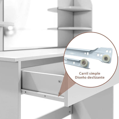 SONNI Mesa Maquillaje con Luz con Espejo y Taburete, Tocador Maquillaje con Luz, Tocador Blanco con 4 Estantes,108x40x140cm