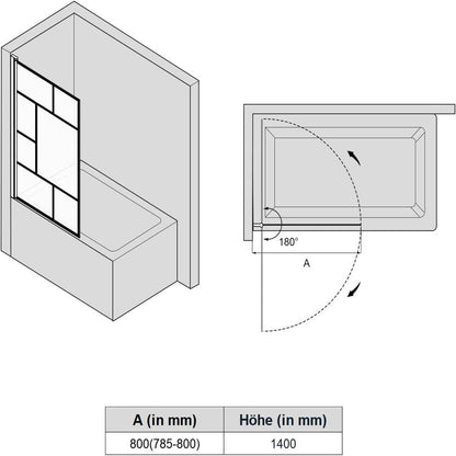 SONNI Mampara Bañera Negra Abatible Cuadros 180°NANO Cristal Templado 80x140cm, con Perfil Negro