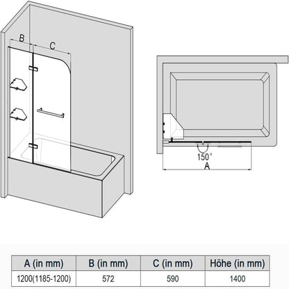 SONNI Mampara Bañera Plegable NANO 120 x 140 cm Cristal Templado 6mm Mamparas de Bañera Abatible 2 Hojas con Estantería y Toallero