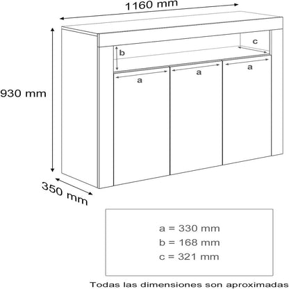SONNI Aparador Blanco Brillo con 3 Puertas,Mueble Comedor Brillante con Iluminación LED 116x35x93cm,Armario Entrada para Salón/Cocina