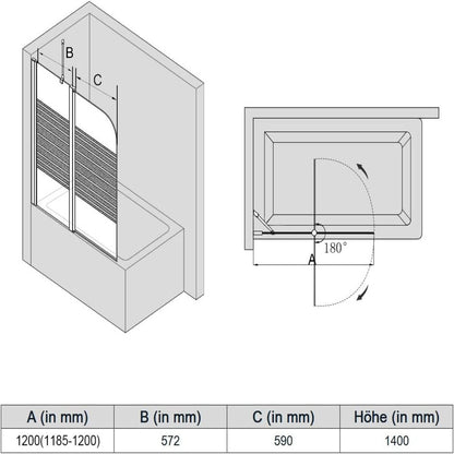SONNI Mampara Bañera Abatible Serigrafiada 180°Cristal Templado 120x140cm, con Estabilizador y Perfil Aluminio