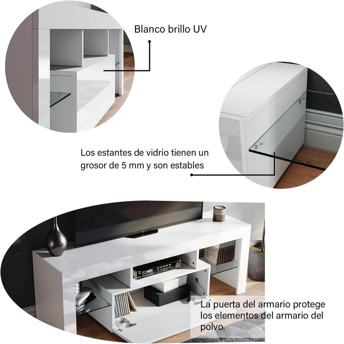 SONNI Mueble TV Blanco con Luz LED Ajustable de 12 Colores con Mando a Distancia, Mesa TV Sálon Madera con Estantes Cristal 130 CM
