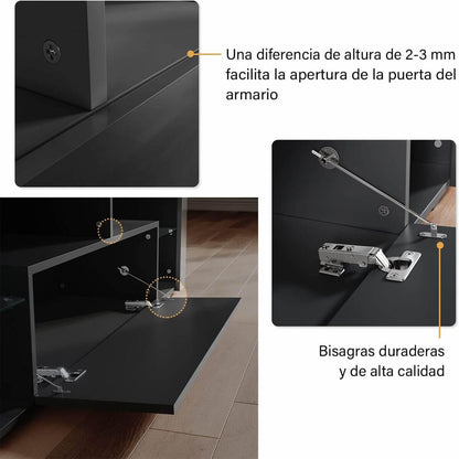 SONNI Mueble TV con Luz LED Ajustable de 12 Colores Sálon Negro con Mando a Distancia, Mesa TV Madera con Estantes Cristal 140 CM
