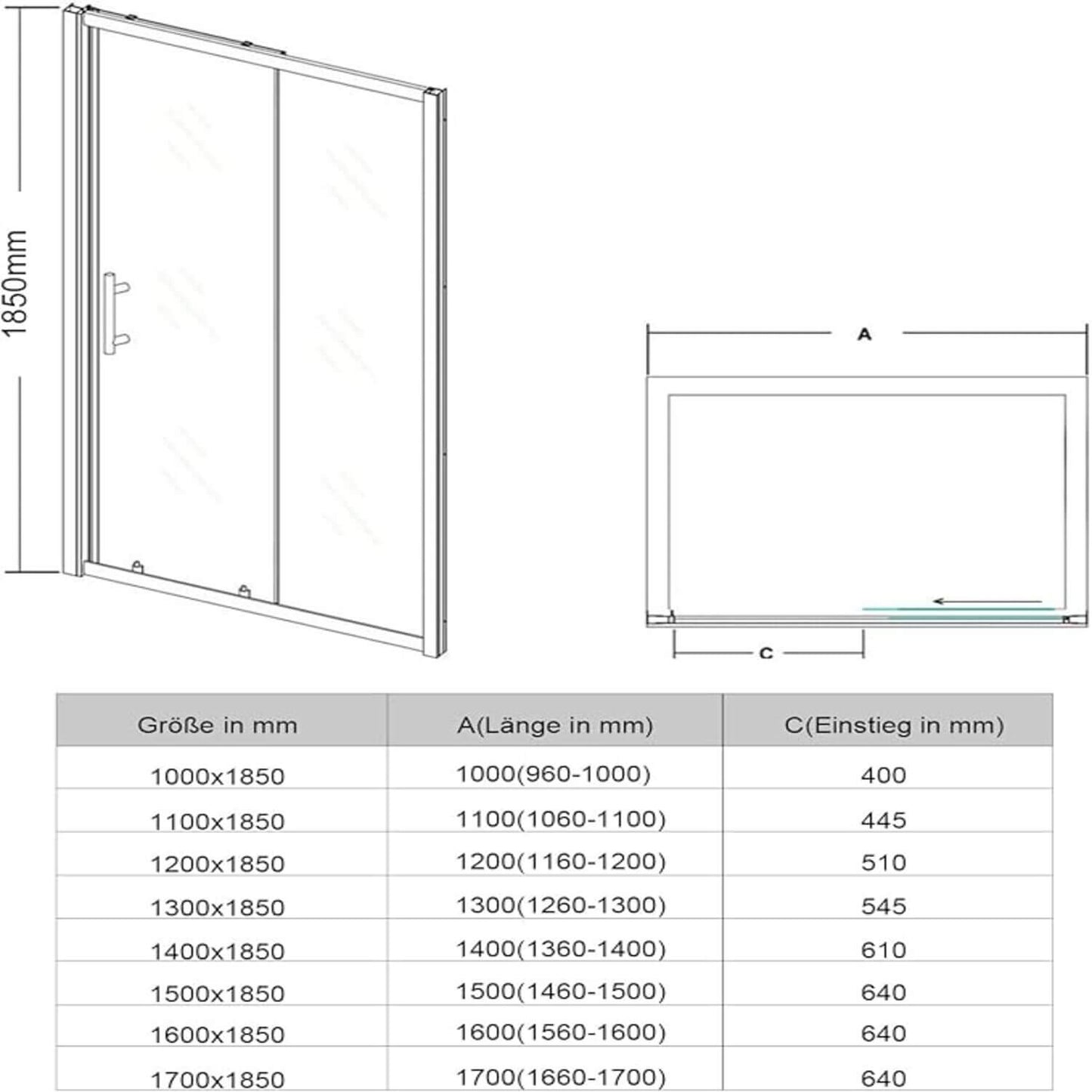 SONNI Puerta corredera de ducha  mampara de ducha de cristal, altura de 185 cm, cristal transparente