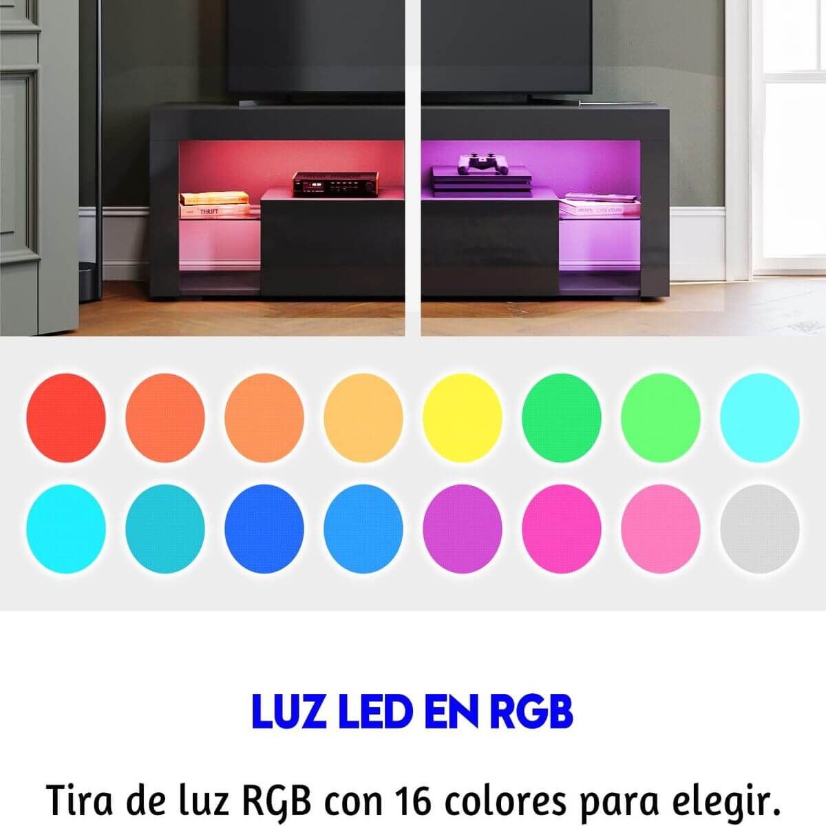 SONNI Mueble TV con Luz LED Ajustable de 12 Colores Sálon Negro con Mando a Distancia, Mesa TV Madera con Estantes Cristal 140 CM