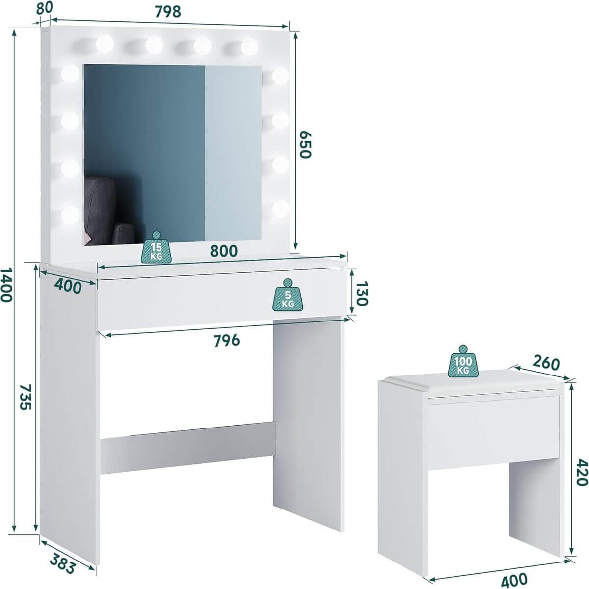 SONNI Tocador, 12 Luces LED con Brillo Ajustable, 1 Cajones Grandes y Taburete, Estilo Moderno, 80x40x140cm-Blanco