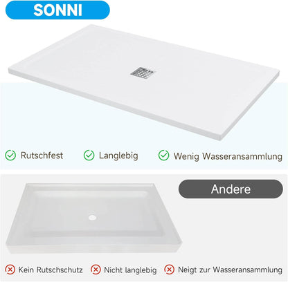 SONNI Plato de ducha cuadrado de con diseño plano, plato de ducha antideslizante, material SMC, drenaje central, incluye desagüe