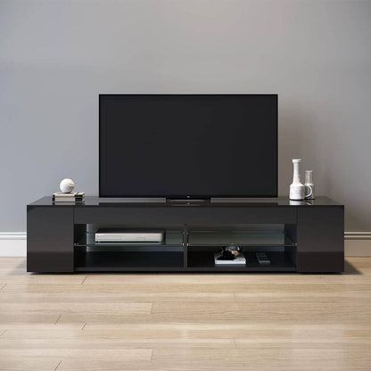 SONNI Mueble TV Negro Brillo con Luces LED 12 Colores LED,Mesa de Salón para TV Estantes de Cristal 135 cm