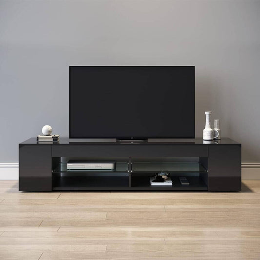 SONNI Mueble TV Negro Brillo con Luces LED 12 Colores LED,Mesa de Salón para TV Estantes de Cristal 135 cm