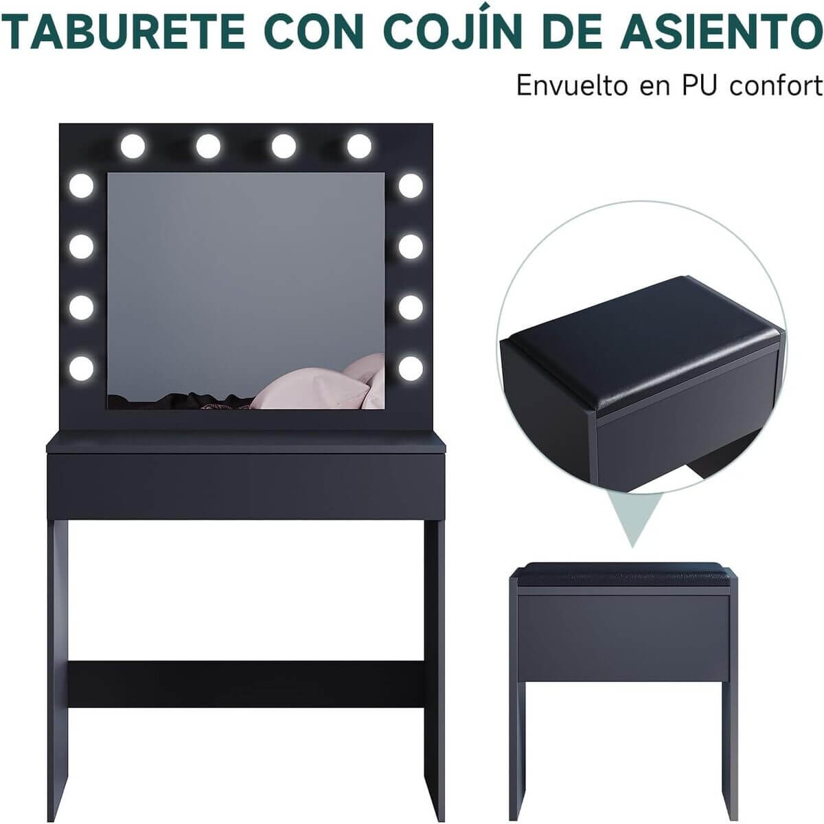 SONNI Tocador, 12 Luces LED con Brillo Ajustable, 1 Cajones Grandes y Taburete, Estilo Moderno, 80x40x140cm-Nero