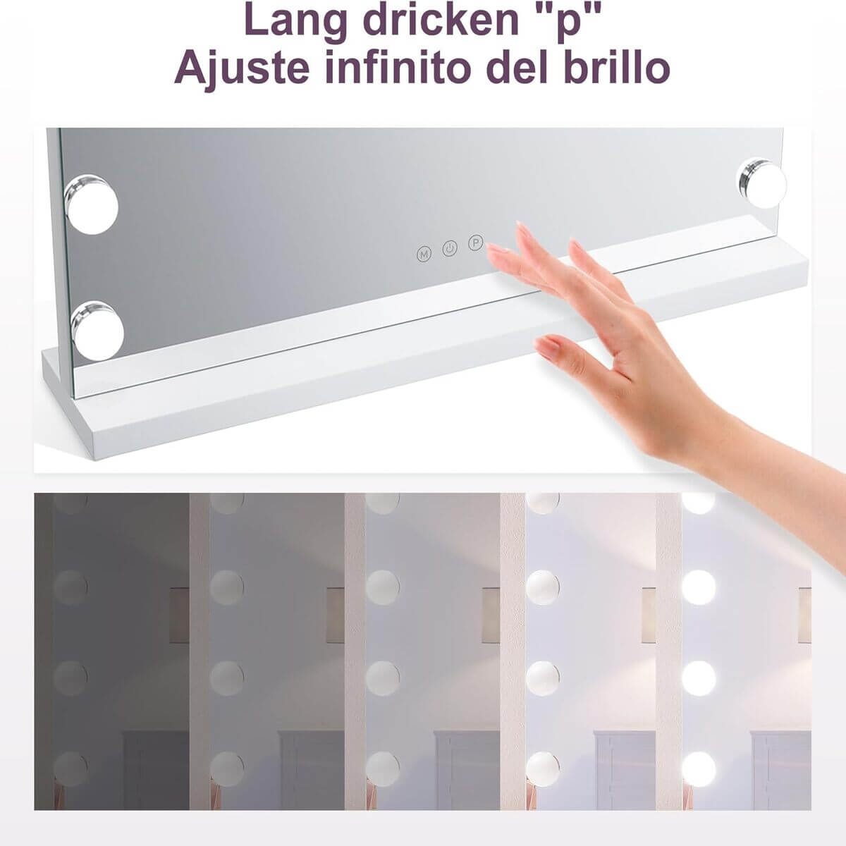 SONNI Espejo Maquillaje con Luz - Espejo Tocador 15 Bombillas LED,Dimmables 3 Colores de Luz,Control Táctil,Espejo con Luz para Maquillaje,58 x 46 cm