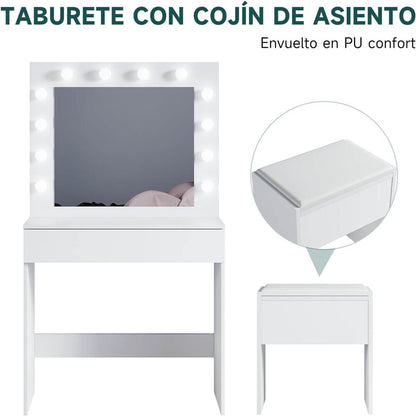 SONNI Tocador, 12 Luces LED con Brillo Ajustable, 1 Cajones Grandes y Taburete, Estilo Moderno, 80x40x140cm-Blanco