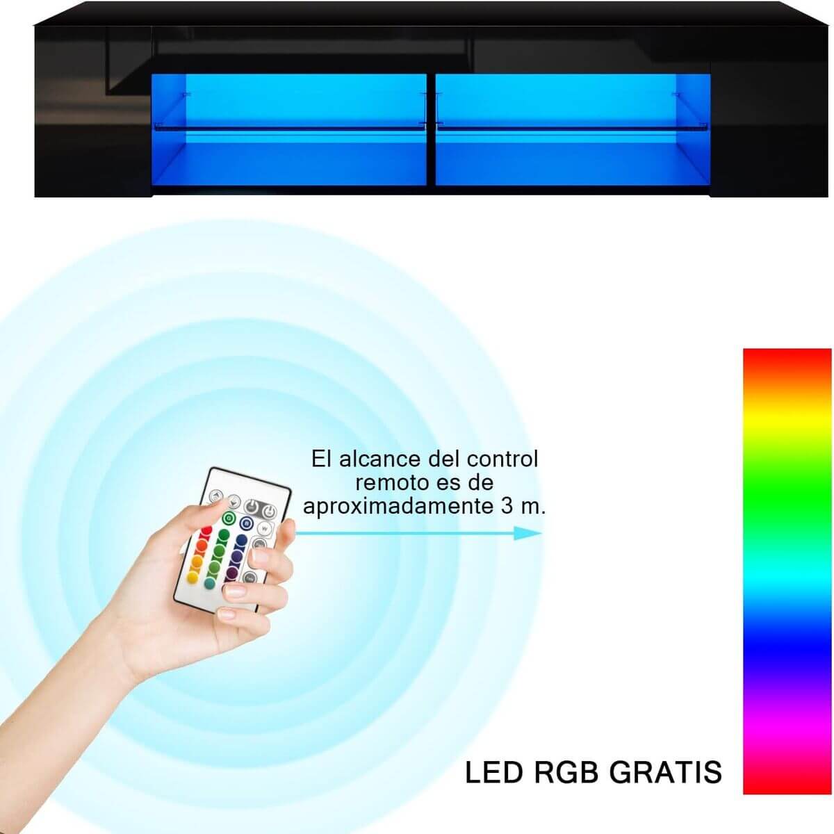 SONNI Mueble TV Negro Brillo con Luces LED 12 Colores LED,Mesa de Salón para TV Estantes de Cristal 135 cm