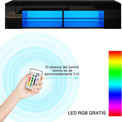 SONNI Mueble TV Negro Brillo con Luces LED 12 Colores LED,Mesa de Salón para TV Estantes de Cristal 135 cm