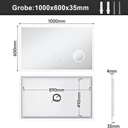 SONNI Espejo de Baño LED 100 x 60 cm Espejo de Baño con Iluminación Blanco Frío 6400 k Espejo con Interruptor Táctil Temperatura del Reloj del Espejo Montado en La Pared 3 Veces Amplificada