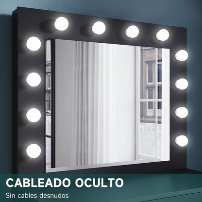 SONNI Tocador, 12 Luces LED con Brillo Ajustable, 1 Cajones Grandes y Taburete, Estilo Moderno, 80x40x140cm-Nero