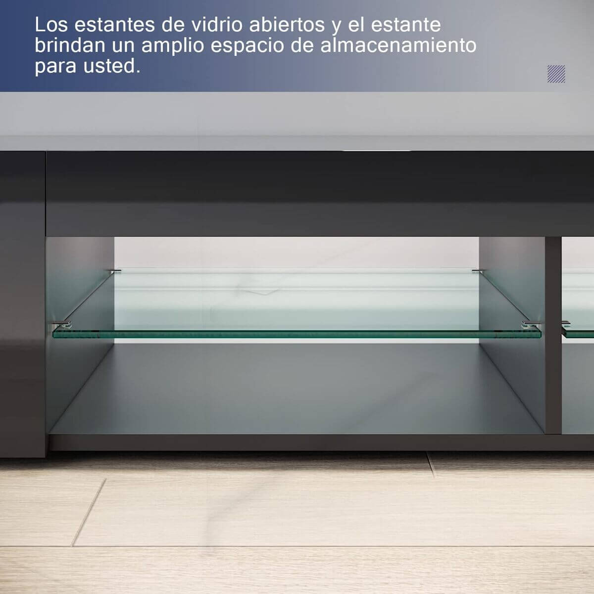 SONNI Mueble TV Negro Brillo con Luces LED 12 Colores LED,Mesa de Salón para TV Estantes de Cristal 135 cm