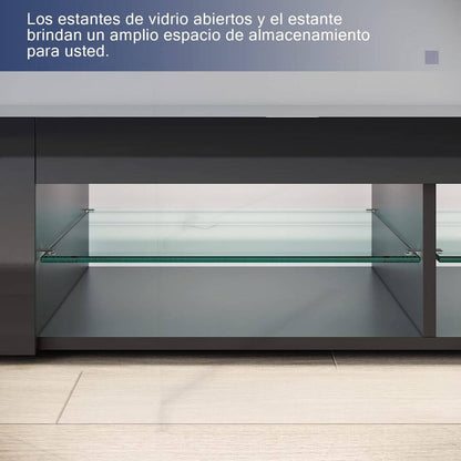 SONNI Mueble TV Negro Brillo con Luces LED 12 Colores LED,Mesa de Salón para TV Estantes de Cristal 135 cm