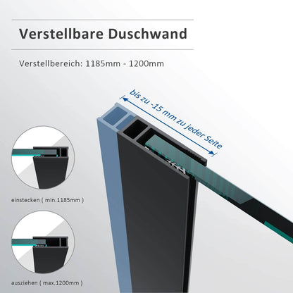 SONNI Mampara de ducha de color negro diseño de Walk In de 8 mm, cristal de seguridad, ESG con estabilizador, montaje en tazas de ducha o suelo