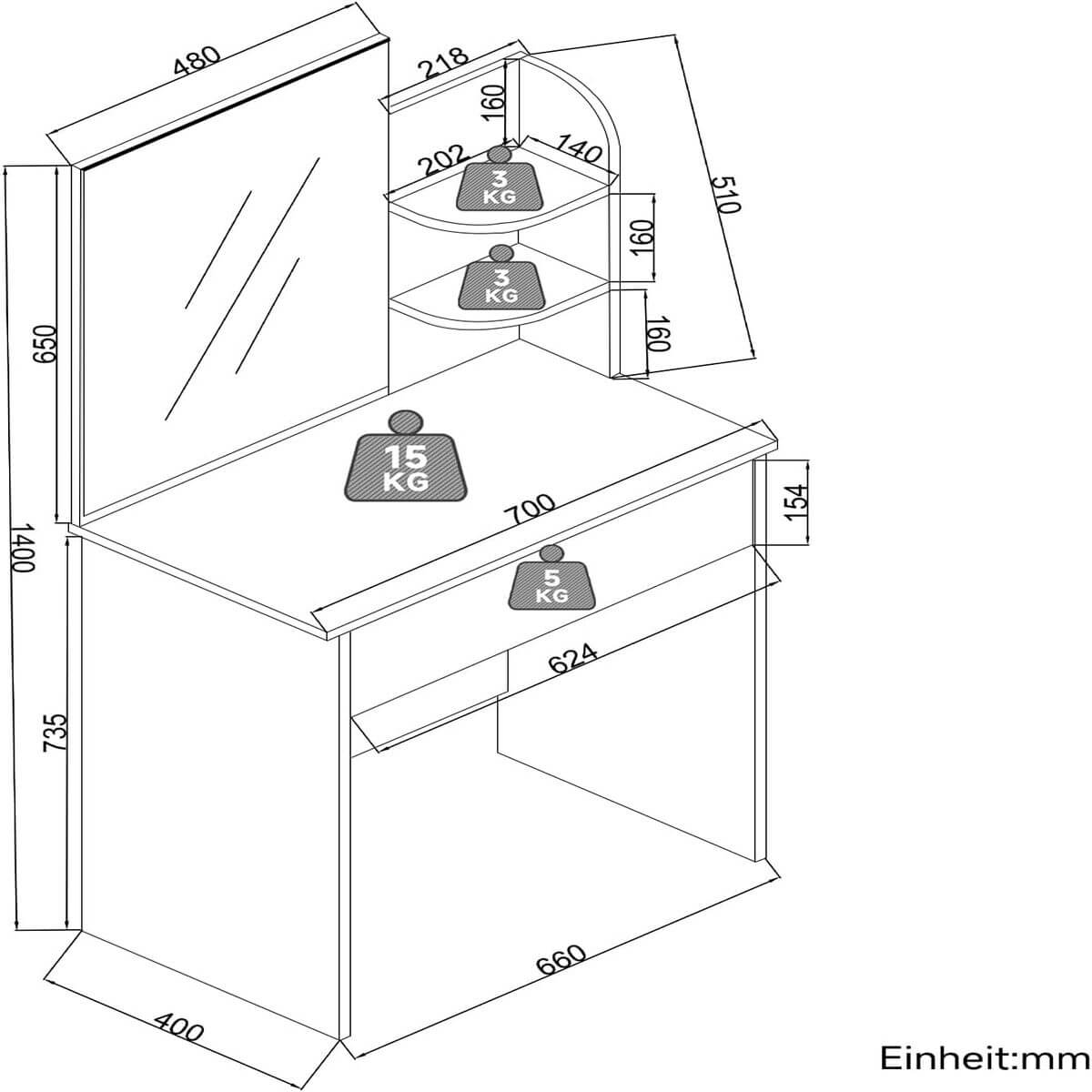 SONNI Tocador,Espejo y LED Regulable,Mesa Tocadores Maquillaje Moderno Dormitorio 10 Bombillas,Nero-70x40x140CM