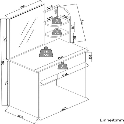 SONNI Tocador,Espejo y LED Regulable,Mesa Tocadores Maquillaje Moderno Dormitorio 10 Bombillas,Nero-70x40x140CM