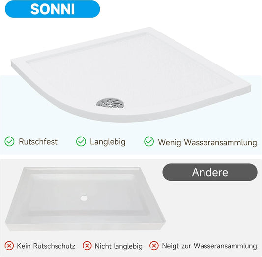 SONNI Plato de ducha ovalado de perfil bajo, con radio de 550 mm, extraplano, SMC, incluye desagüe