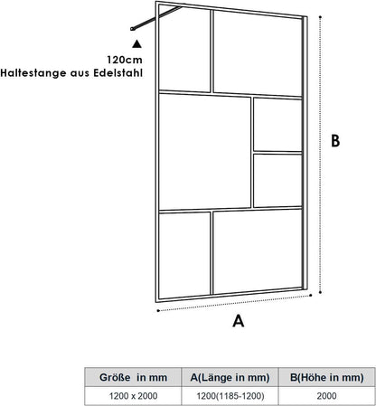 SONNI Mampara de ducha de color negro diseño de Walk In de 8 mm, cristal de seguridad, ESG con estabilizador, montaje en tazas de ducha o suelo