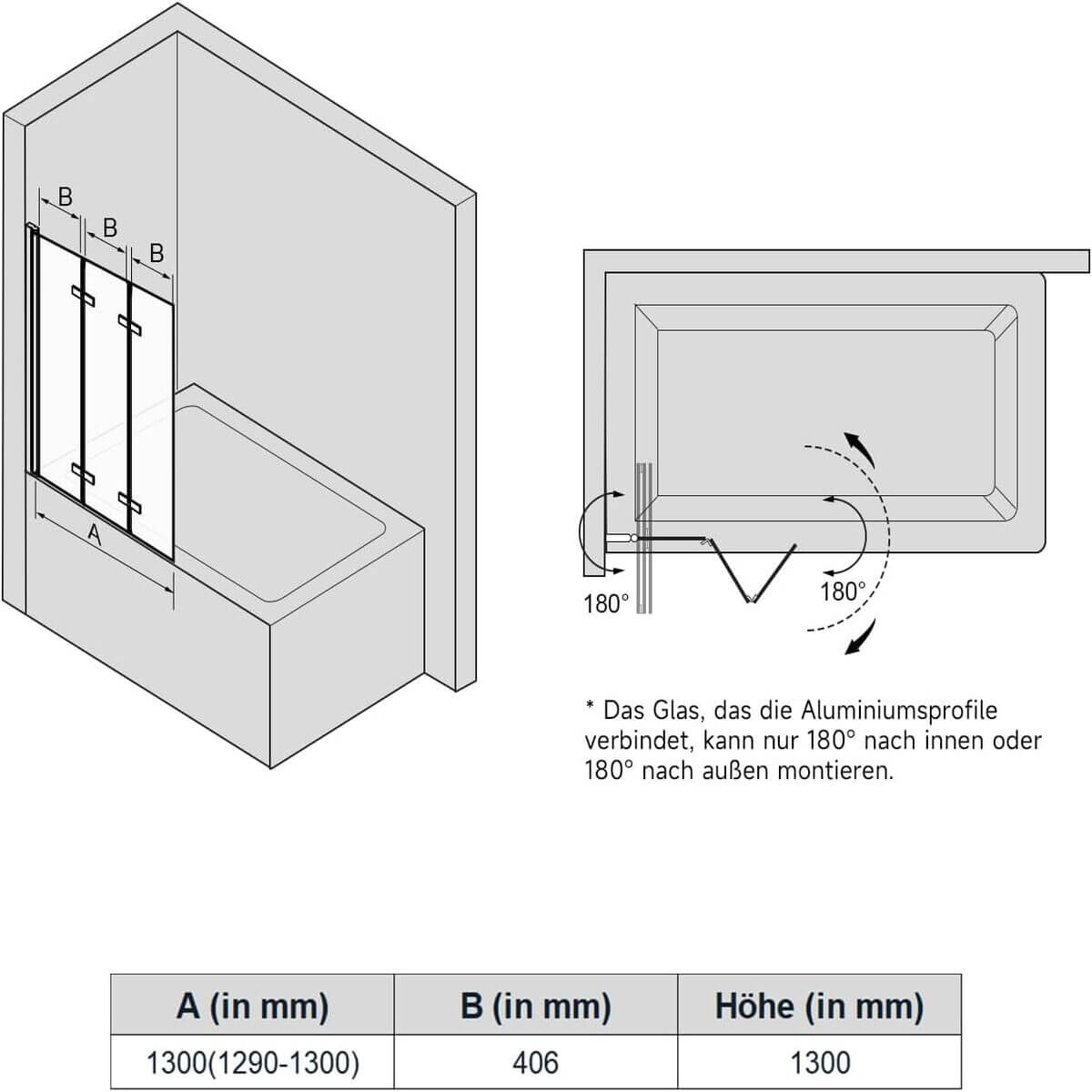 Sonni Mampars Bañera Plegable 3 Hojas Cristal Templado de 6mm con Recubrimiento Nano de Dos Lados, Mamparas de bañera Perfil Aluminio, 130 x 140 cm