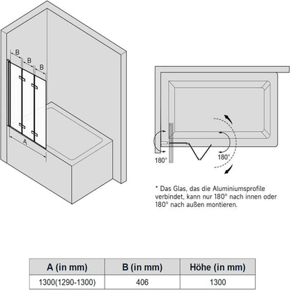 Sonni Mampars Bañera Plegable 3 Hojas Cristal Templado de 6mm con Recubrimiento Nano de Dos Lados, Mamparas de bañera Perfil Aluminio, 130 x 140 cm
