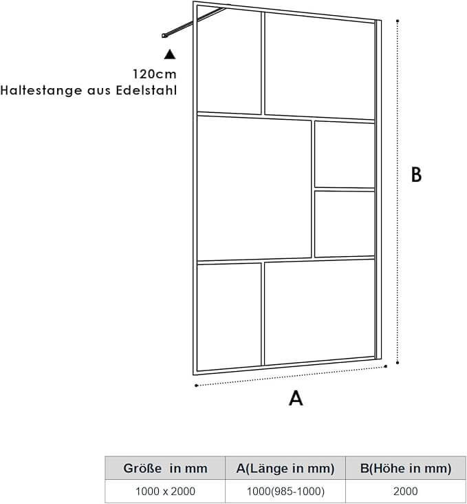 SONNI Mampara de ducha de color negro diseño de Walk In de 8 mm, cristal de seguridad, ESG con estabilizador, montaje en tazas de ducha o suelo