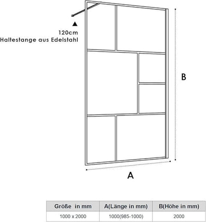 SONNI Mampara de ducha de color negro diseño de Walk In de 8 mm, cristal de seguridad, ESG con estabilizador, montaje en tazas de ducha o suelo