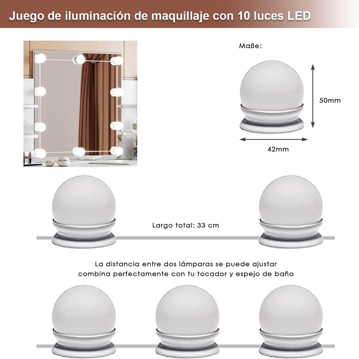 SONNI Mesa Maquillaje con Luz con Espejo y Taburete, Tocador Maquillaje con Luz, Tocador Blanco con 4 Estantes,108x40x140cm