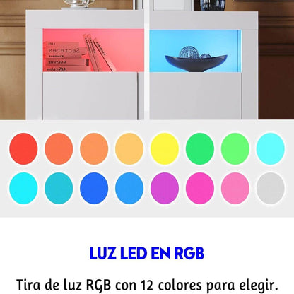 SONNI Aparador Blanco Brillo con 3 Puertas,Mueble Comedor Brillante con Iluminación LED 116x35x93cm,Armario Entrada para Salón/Cocina