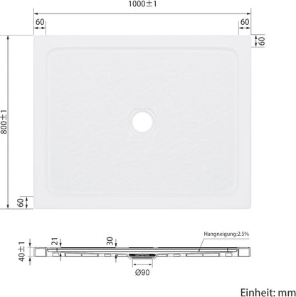 SONNI Plato de ducha cuadrado de con diseño plano, plato de ducha antideslizante, material SMC, drenaje central, incluye desagüe
