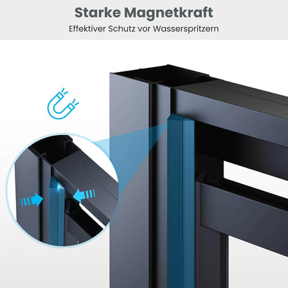 SONNI Puerta de ducha articulada con bisagra para ducha, cristal templado negro de 6 mm, con cristal lateral, barra de protección contra el agua, atracción magnética