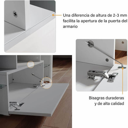 SONNI Mueble TV Blanco con Luz LED Ajustable de 12 Colores con Mando a Distancia, Mesa TV Sálon Madera con Estantes Cristal 130 CM