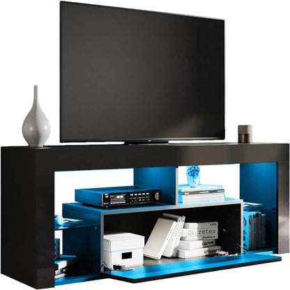 SONNI Mueble TV con Luz LED Ajustable de 12 Colores Sálon Negro con Mando a Distancia, Mesa TV Madera con Estantes Cristal 140 CM