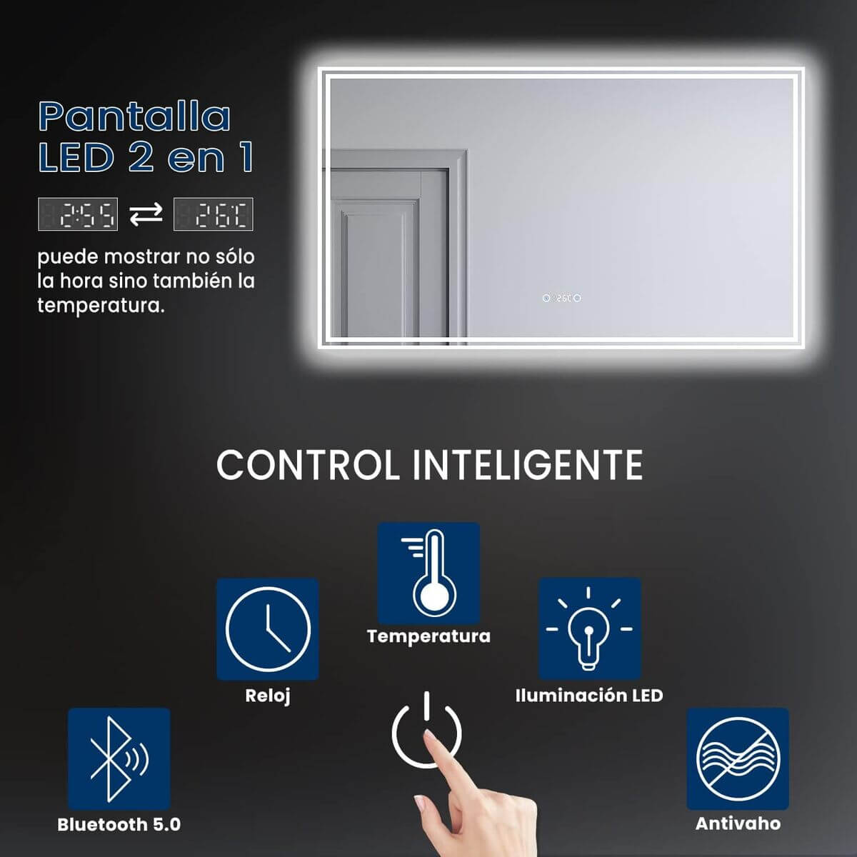 SONNI Espejo Baño con Luz Bluetooth 5.0 y Antivaho 120x70 cm Espejo de Baño con Luz LED Interruptor Táctil,con Reloj/Indicador de Temperatura,IP65